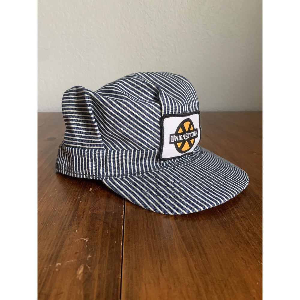 Vintage Union Station Railroad Engineer Hat Hickory Stripe Snapback Cap USA Made